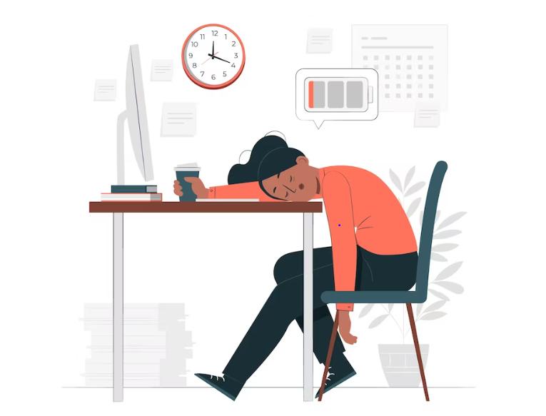 Femme épuisée au bureau, tête posée sur la table, illustrant la fatigue ressentie malgré le fait de tout faire correctement au quotidien